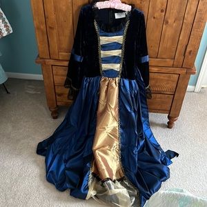 Charades brand Deluxe Taffeta full length dress, blue and gold w velvet & lace